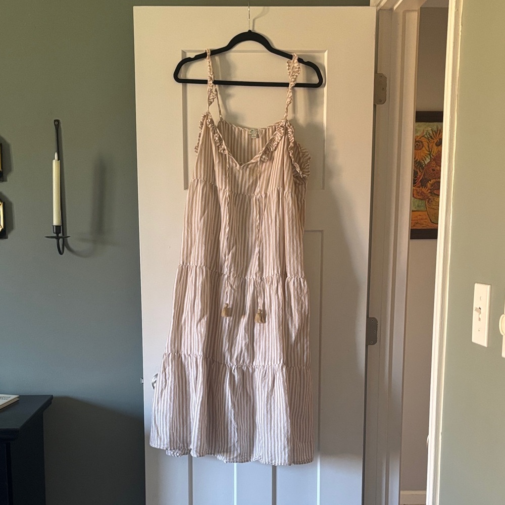 J. Crew Cream and Light Pink Striped Tiered Midi Dress with Braided Straps